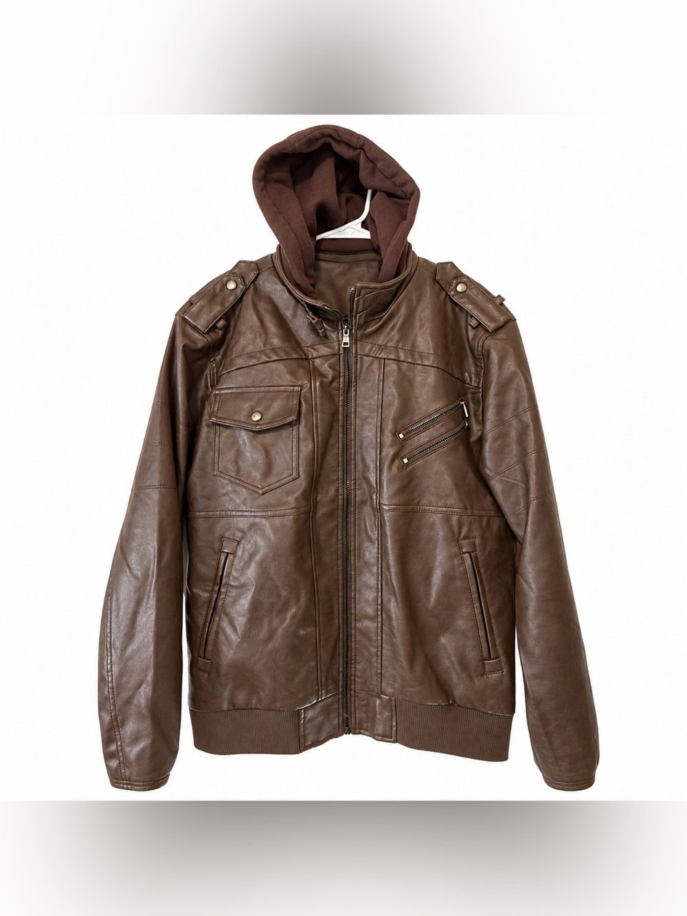 Large Dark Brown Moto Jacket Removable Fleece Hood Insert